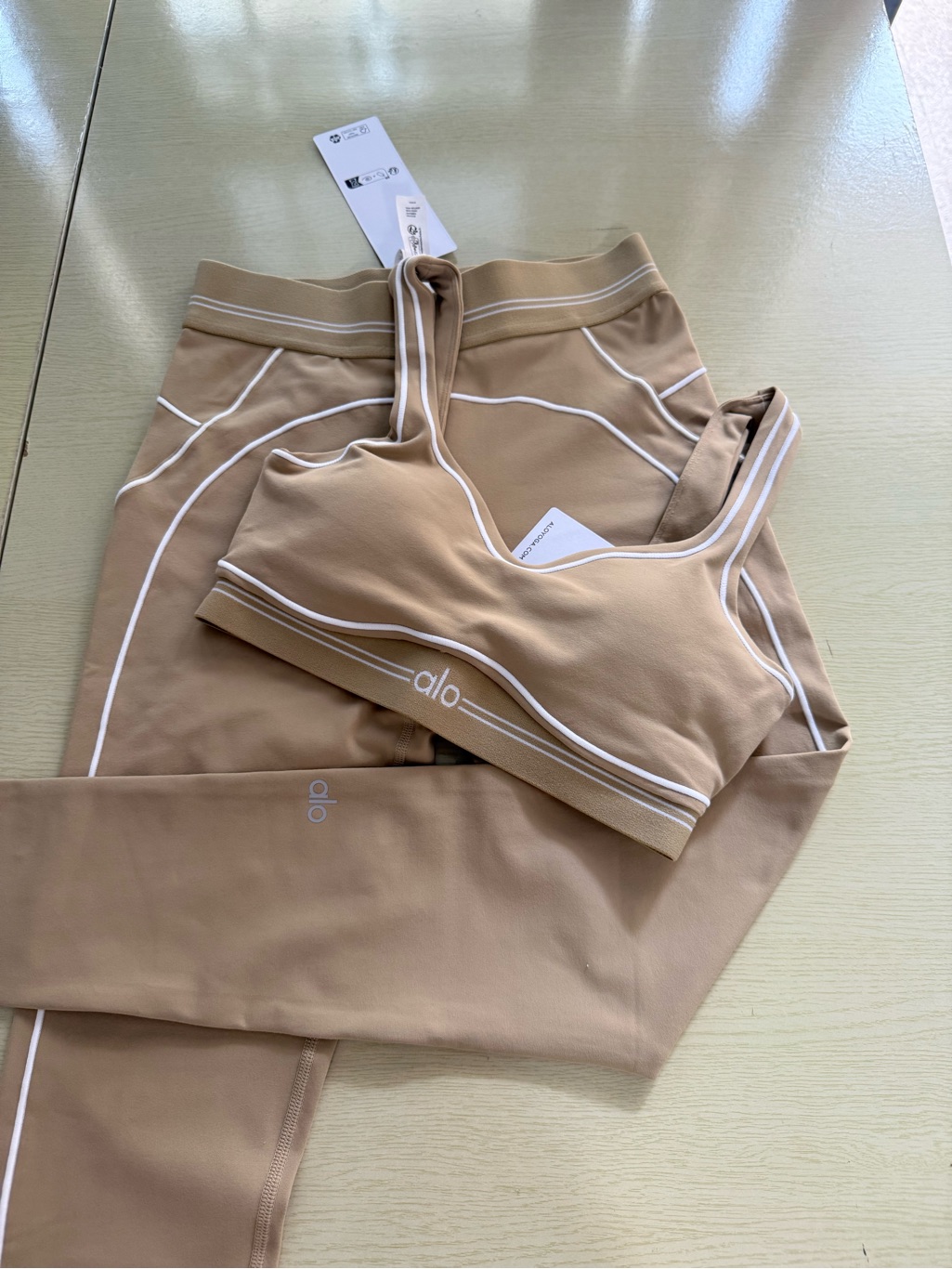 Alo Yoga Taupe Sports Bra With White Trim